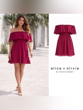NEW Alice Olivia Dora Off-the-Shoulder Ruffle-Top Dress, Cranberry